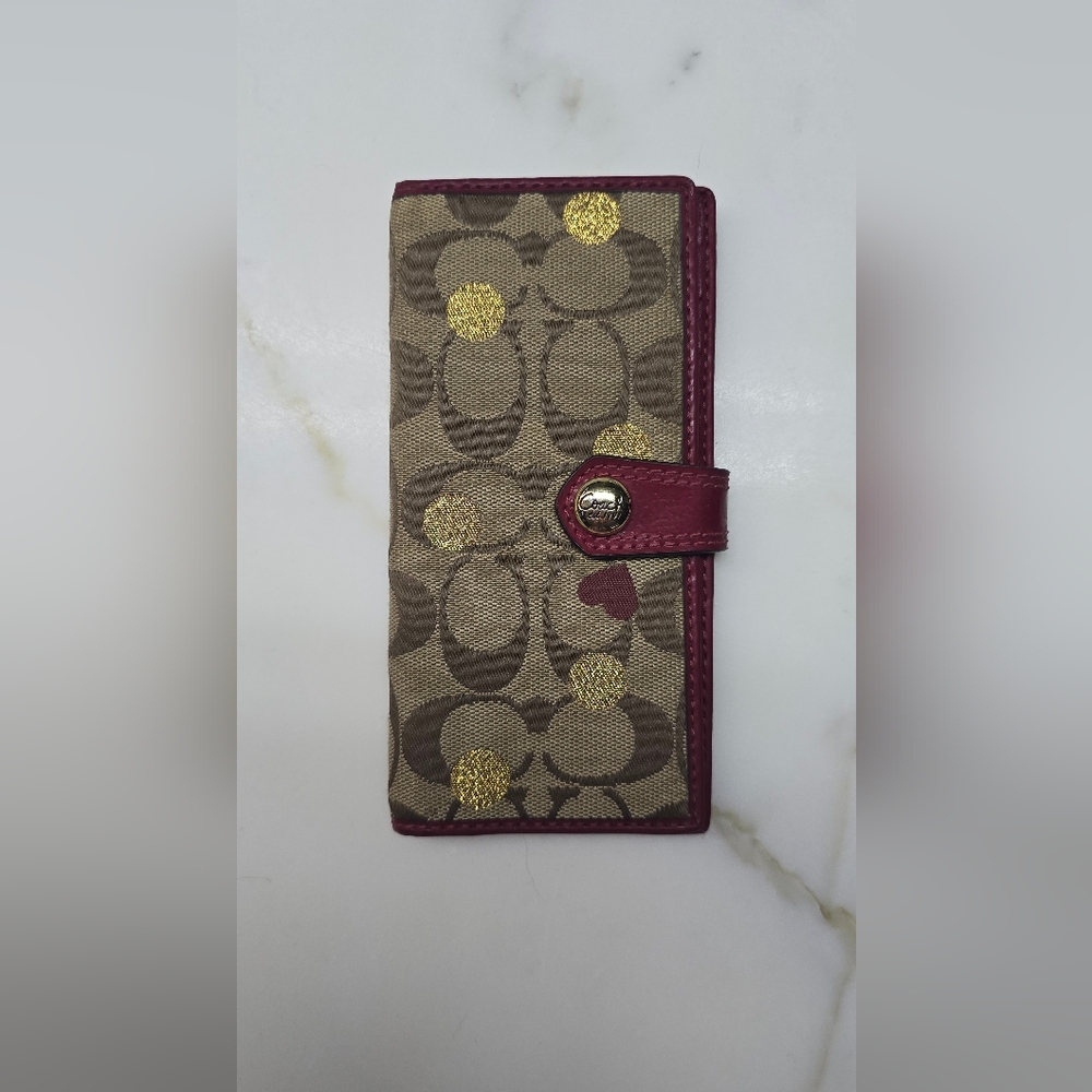 Coach Khaki Signature Wallet with Gold Dot and Burgundy Trim